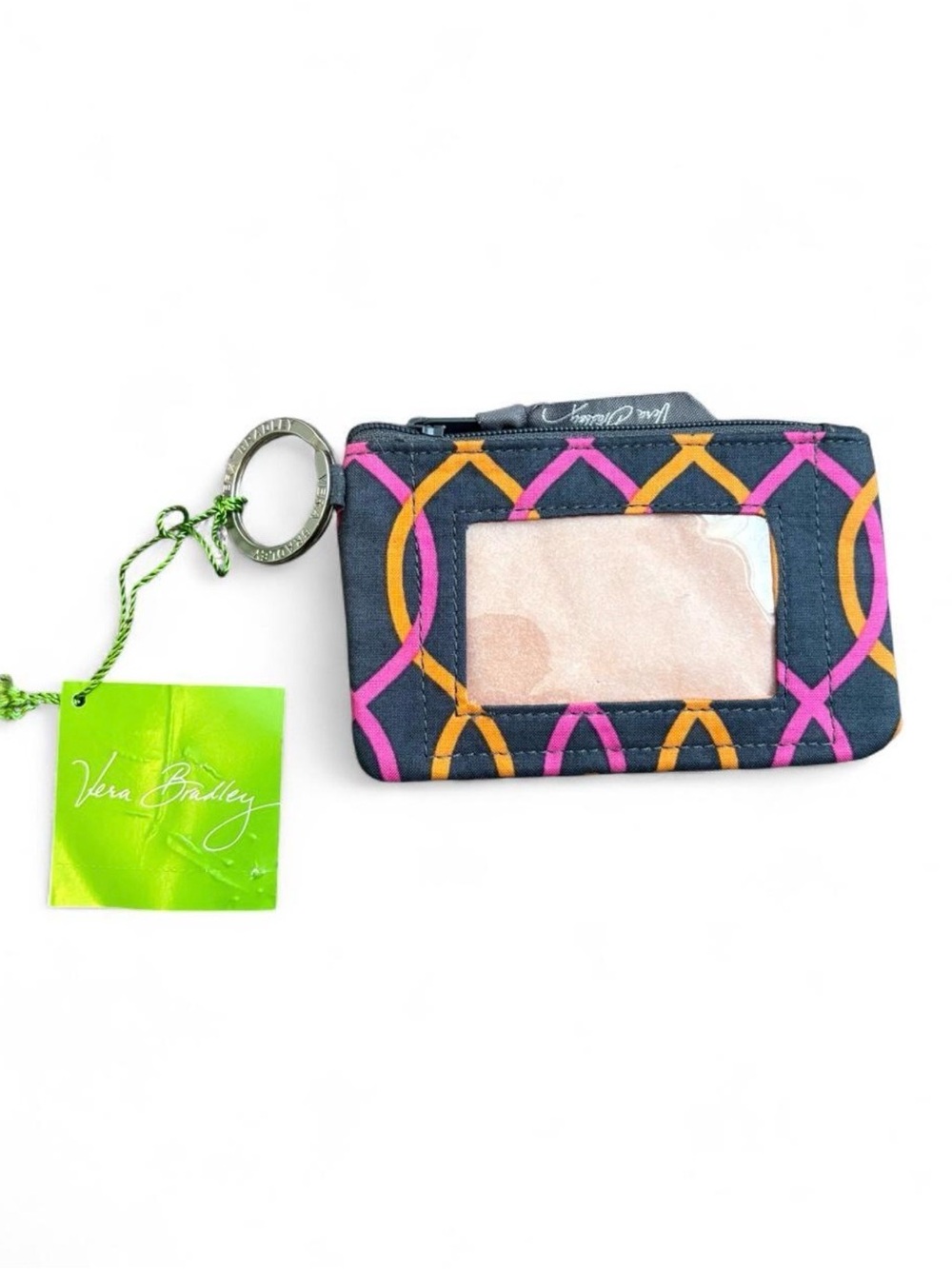 Vera Bradley Jazzy Swirls Zip ID Case Keychain Wallet NWT Gray Pink Orange